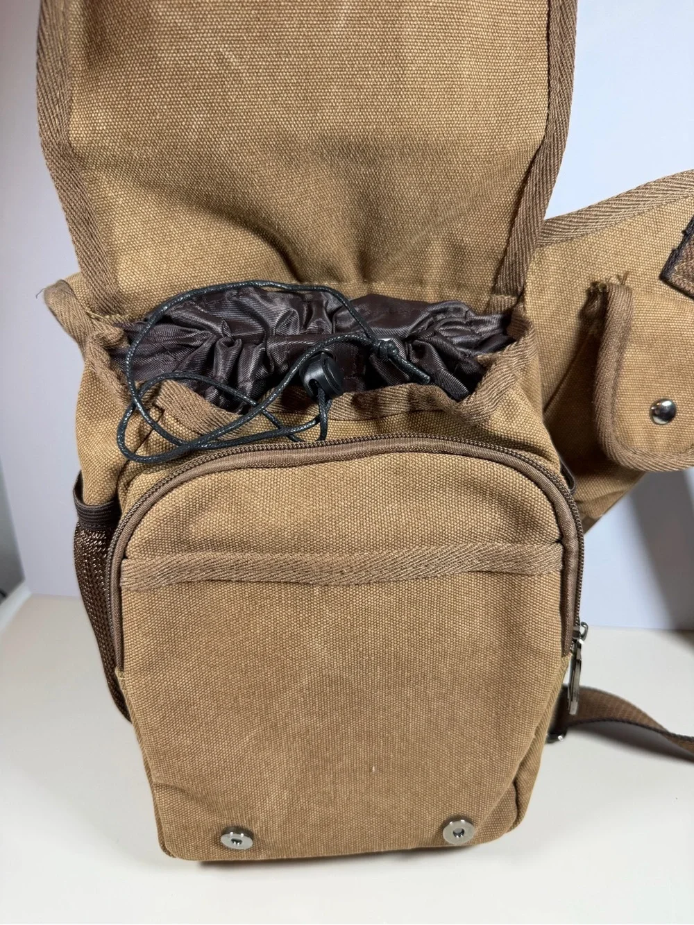 Brown Canvas Messenger Bag with Leather Trim